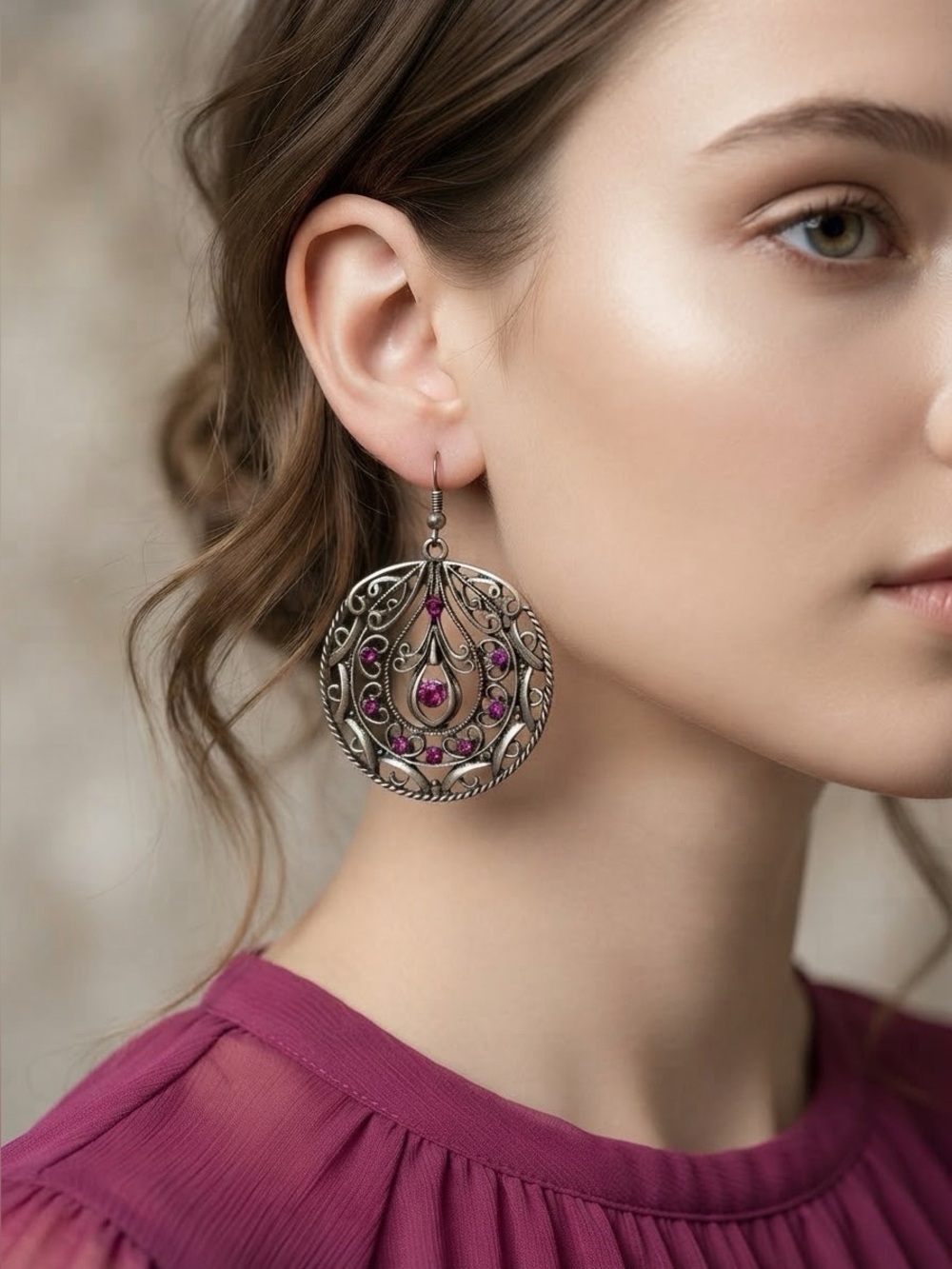 Silver Filigree Pink Rhinestone Earrings | Vintage Swirl Dangle